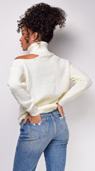 Noelle Ivory White Turtle Neck Cut Out Sweater Top