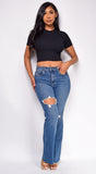 Kindra Blue Dark Wash Distressed Flared Denim Jeans