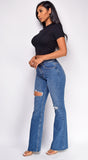 Kindra Blue Dark Wash Distressed Flared Denim Jeans