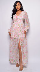 Spain Pink Multi Floral Print Maxi Dress full length front view on model
