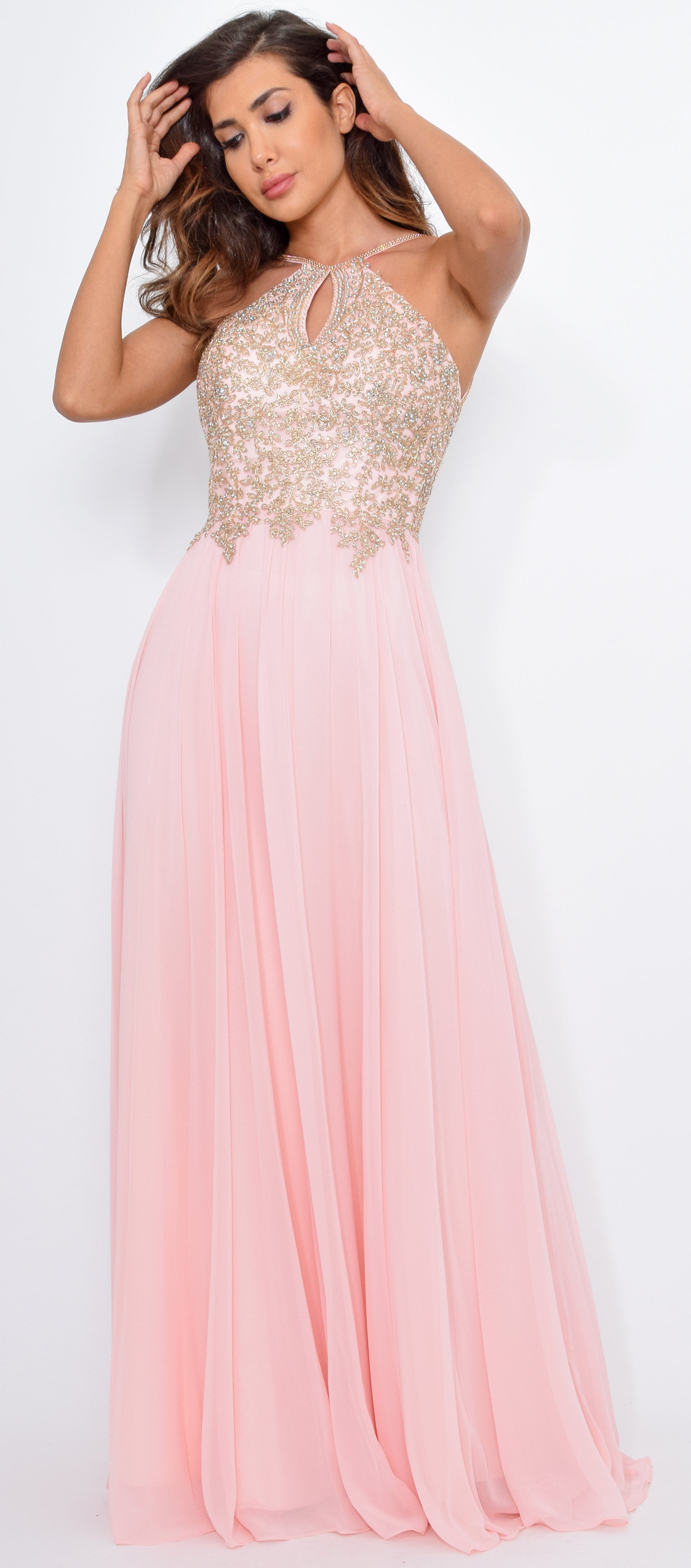 Cariana Blush Pink Gold Embroidered Gown - Emprada