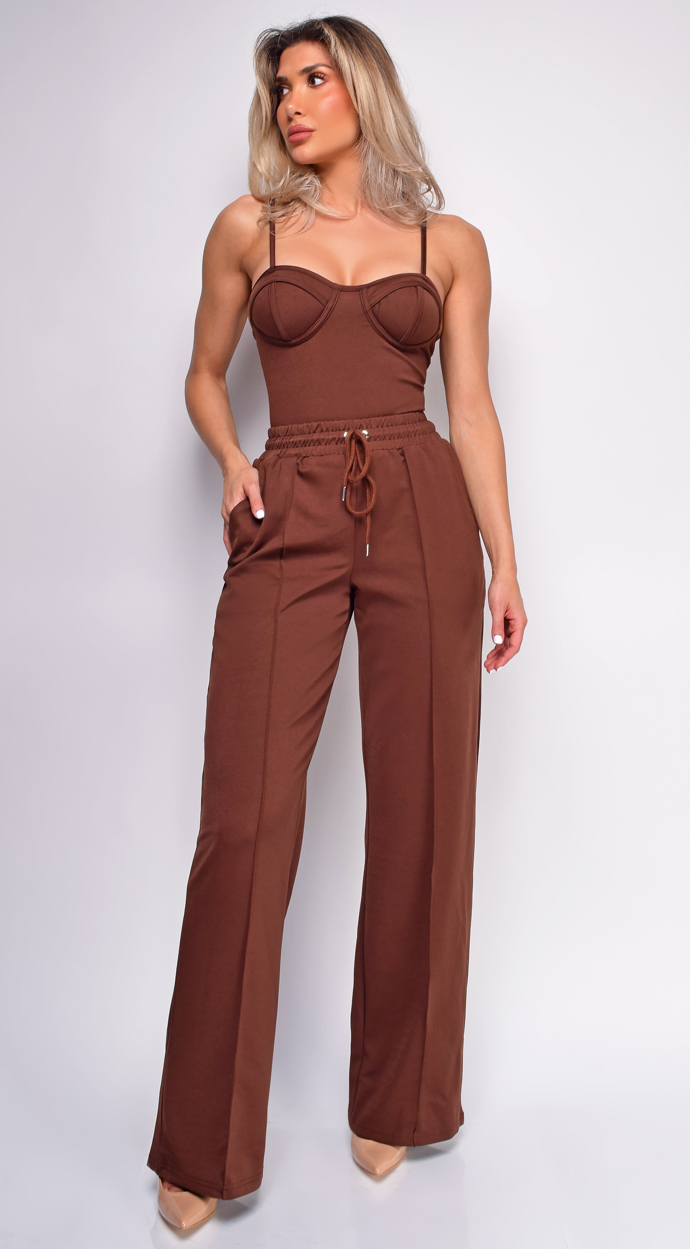 Madely Brown Bustier Wide Leg Pants Set