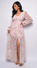 Spain Pink Multi Floral Print Maxi Dress back view on model