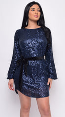 Crystal Navy Blue Sequin Velour Belt Long Sleeve Dress