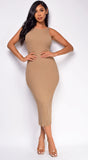 Lyra Taupe Beige Ribbed Open Back Midi Dress