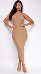 Lyra Taupe Beige Ribbed Open Back Midi Dress