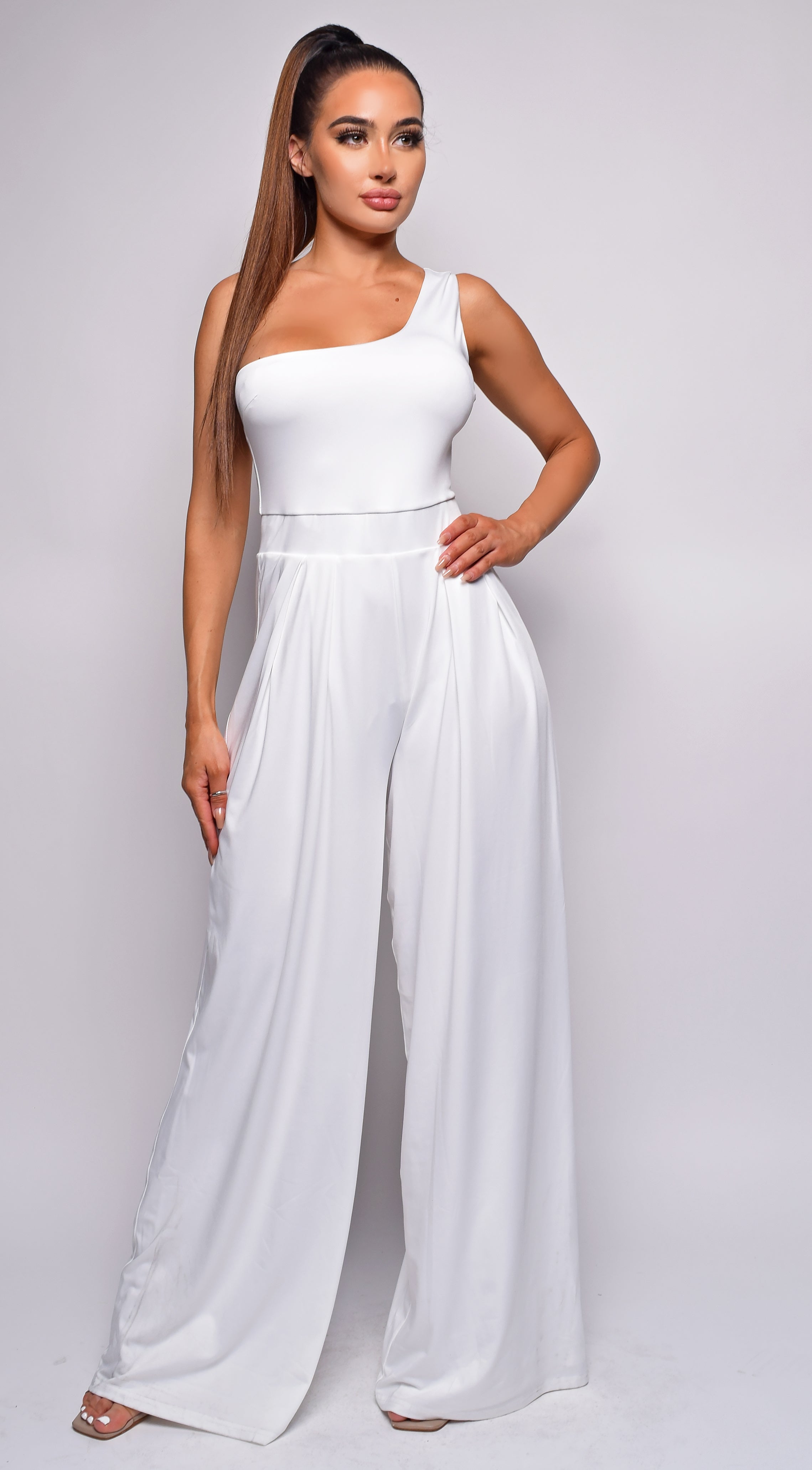 Inessa Off White One Shoulder Pleated Jumpsuit