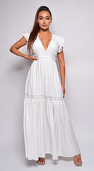 Stay True White Ruffle Sleeve Lace Trim Maxi Dress