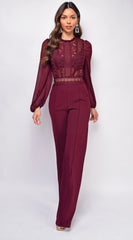 Nerine Crochet Lace Mesh Jumpsuit - Burgundy Red