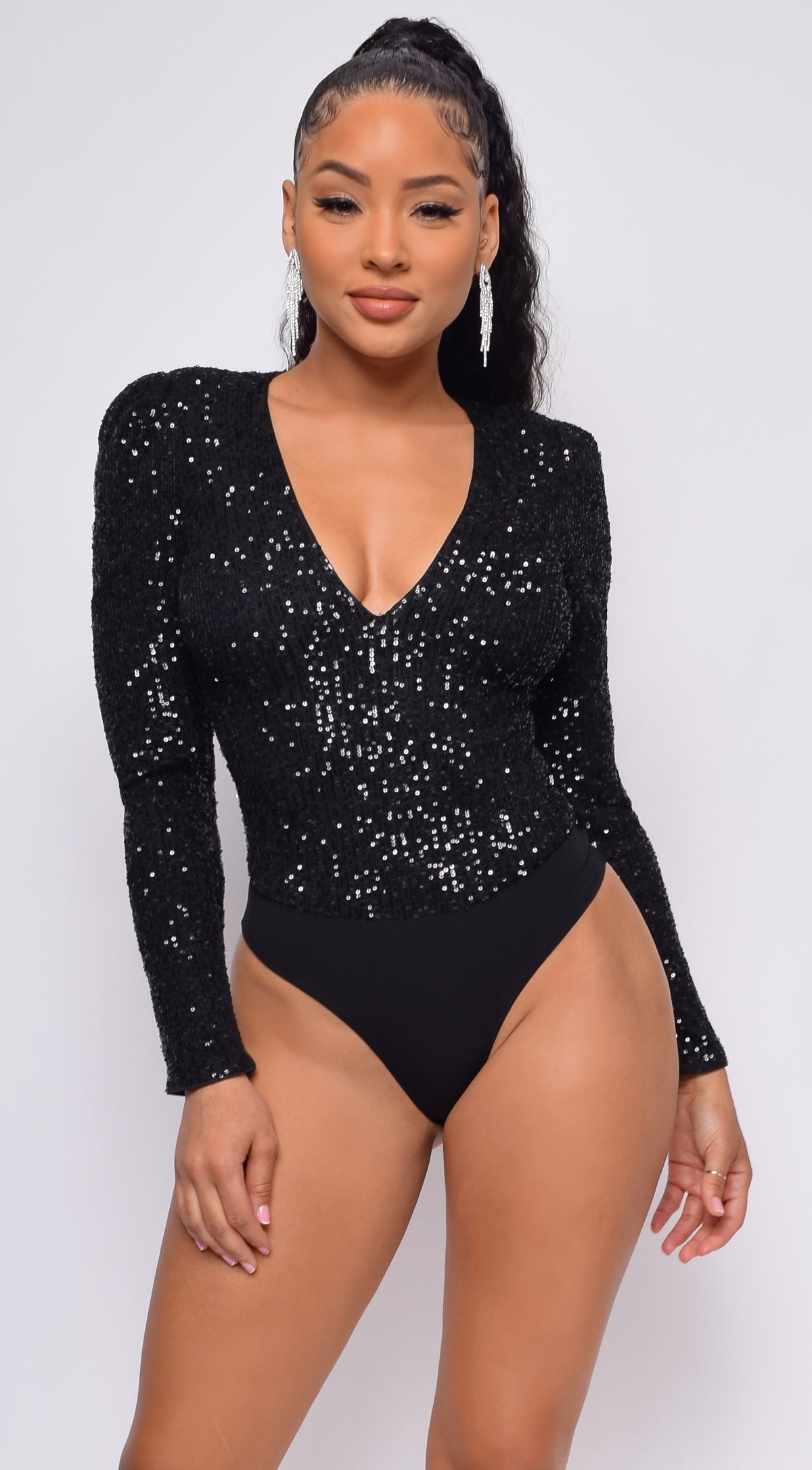 All Shine Black Long Sleeve Sequin Bodysuit