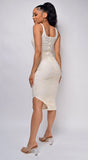 Nezrin Beige Cream Square Neck Ruched Side Slit Midi Dress