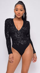 All Shine Black Long Sleeve Sequin Bodysuit