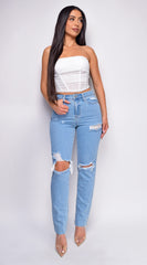 Out Of Sight Light Blue High Waist Straight Leg Knee Distressed Jeans Denim