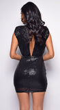 Stare Black Sequin V-Neck Shoulder Pad Mini Dress