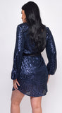 Crystal Navy Blue Sequin Velour Belt Long Sleeve Dress