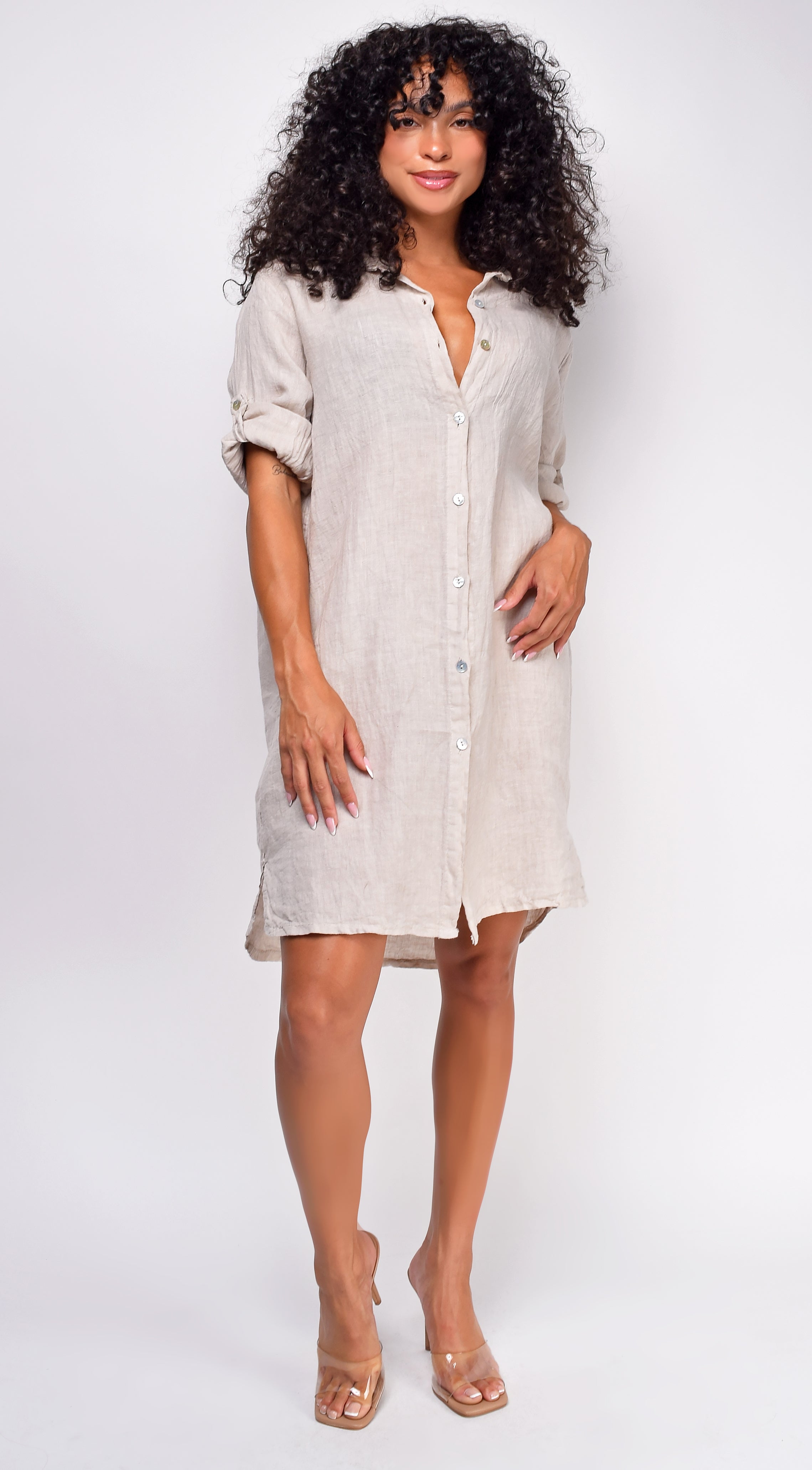 Sariyah Beige Linen Tunic Shirt Dress