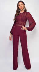 Nerine Crochet Lace Mesh Jumpsuit - Burgundy Red