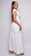 Stay True White Ruffle Sleeve Lace Trim Maxi Dress
