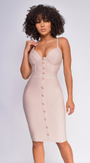 Nelinha Gold Button Bandage Dress in Nude full length front view on model