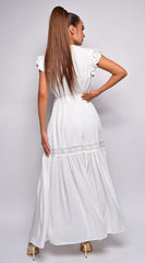 Stay True White Ruffle Sleeve Lace Trim Maxi Dress