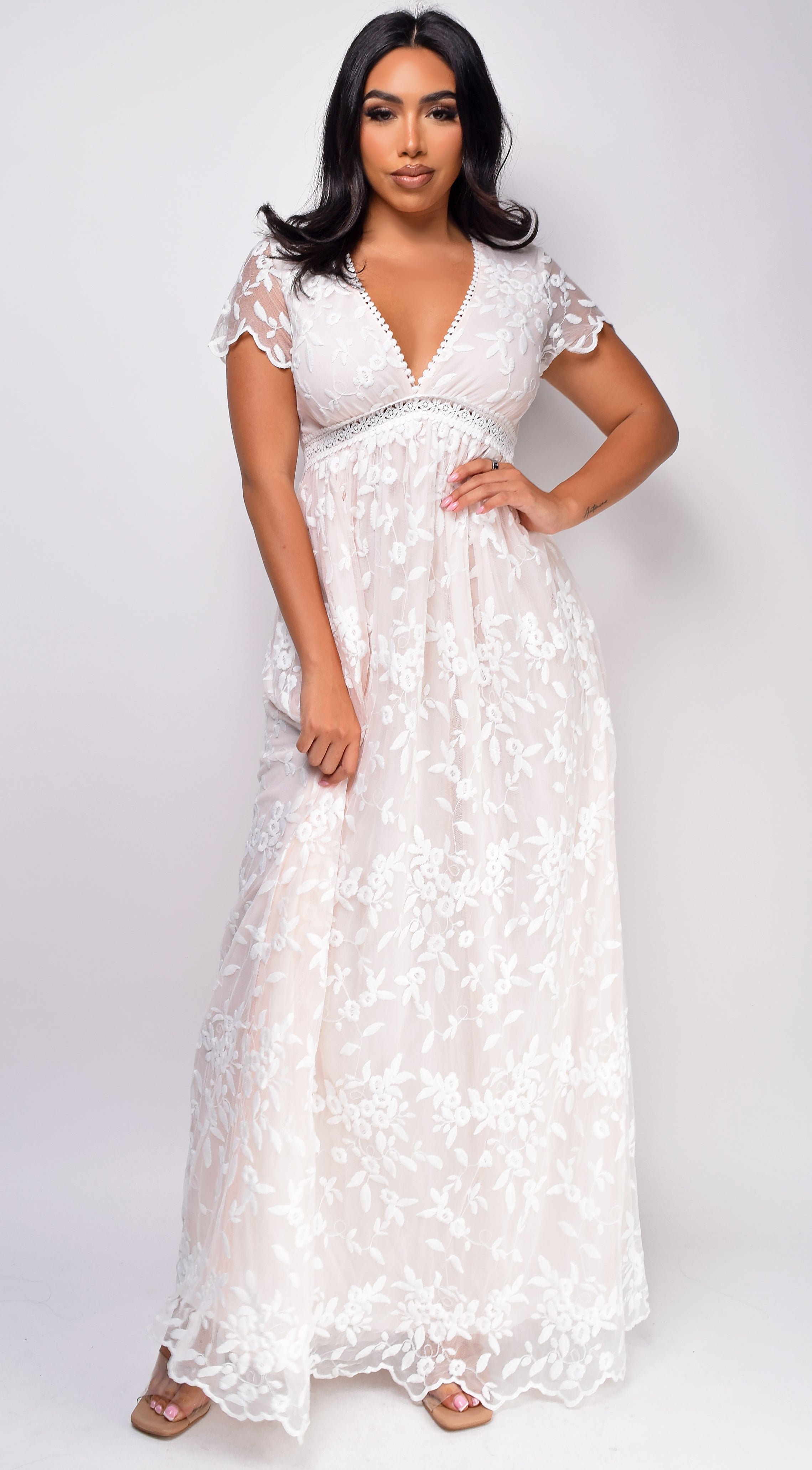 Sumaya Off White Peach Lace Maxi Dress