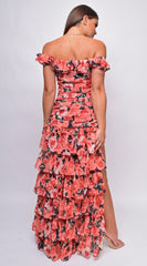 Eivissa Red Black Floral Off Shoulder Ruffle Tier Maxi Dress