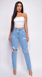 Out Of Sight Light Blue High Waist Straight Leg Knee Distressed Jeans Denim