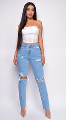 Out Of Sight Light Blue High Waist Straight Leg Knee Distressed Jeans Denim