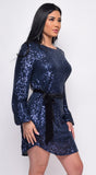 Crystal Navy Blue Sequin Velour Belt Long Sleeve Dress