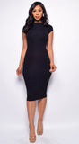 Malta Black Cap Sleeve Fitted Midi Dress