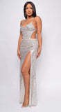 Azara Nude Silver Open Cross Back Sequin Gown