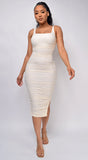 Nezrin Beige Cream Square Neck Ruched Side Slit Midi Dress