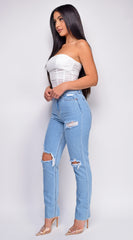 Out Of Sight Light Blue High Waist Straight Leg Knee Distressed Jeans Denim