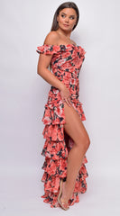 Eivissa Red Black Floral Off Shoulder Ruffle Tier Maxi Dress