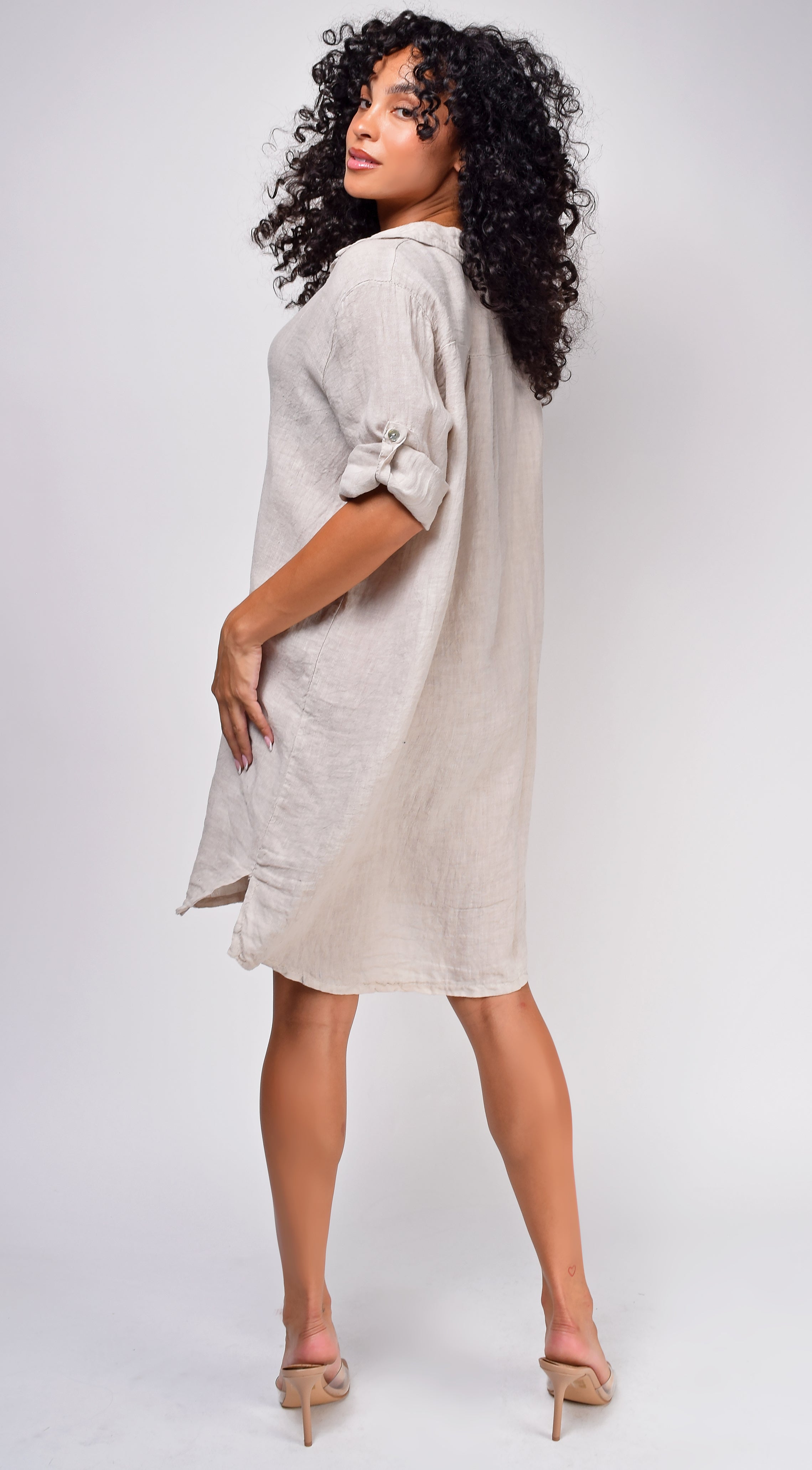 Sariyah Beige Linen Tunic Shirt Dress