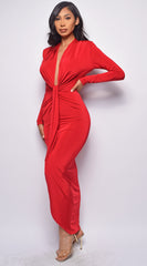 Celeste Red V Plunge Drape Dress