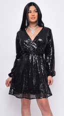 Cordelia Black Sequin Belted Long Sleeve Midi Dress back view on model