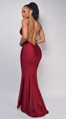 Mavin Burgundy Red V Neck Low Back Gown