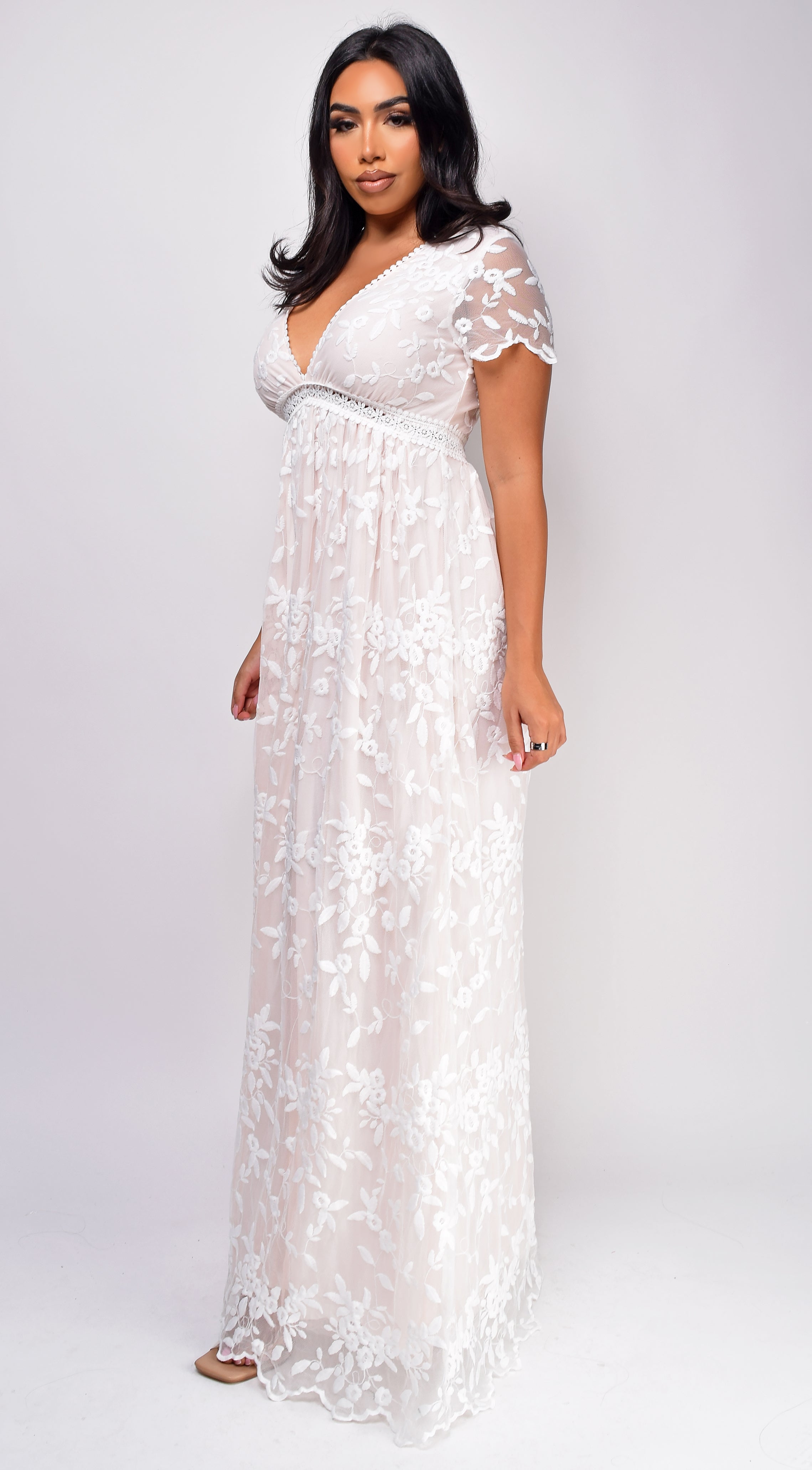 Sumaya Off White Peach Lace Maxi Dress