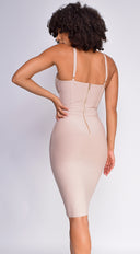 Nelinha Gold Button Bandage Dress in Nude side profile view on model