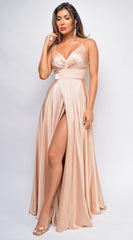 Oliana Nude Beige Satin Slit Gown