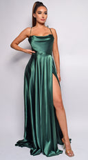 Penelope Green Emerald Drape Neck Slit Satin Gown full length front view on model