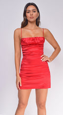 Gemma Red Crinkle Ruched Satin Dress