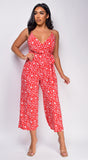 All This Time Red White Floral Print Surplice Jumpsuit