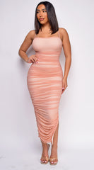 Kana Blush Pink Ruched Mesh Slit Dress