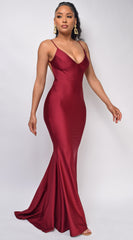 Mavin Burgundy Red V Neck Low Back Gown