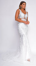 Flynn White Beaded Gown side profile view on model