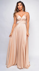 Oliana Nude Beige Satin Slit Gown