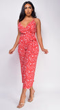 All This Time Red White Floral Print Surplice Jumpsuit