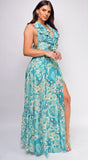 Zenni Blue Green Multi Color Print Ruffle Maxi Dress